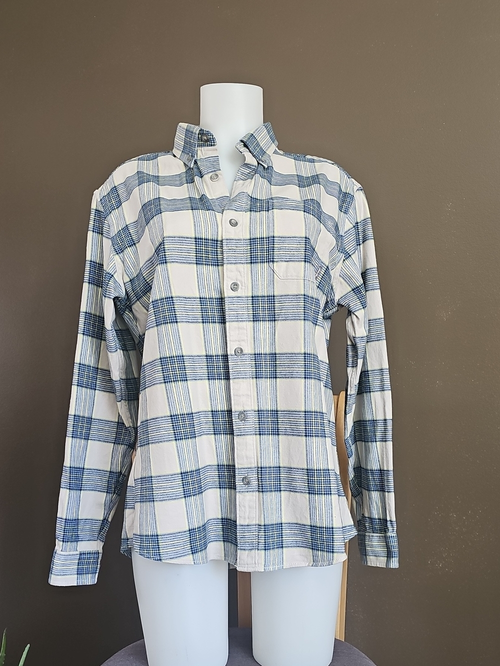 Eddie Bauer Blue and White Plaid Button-Down Shirt